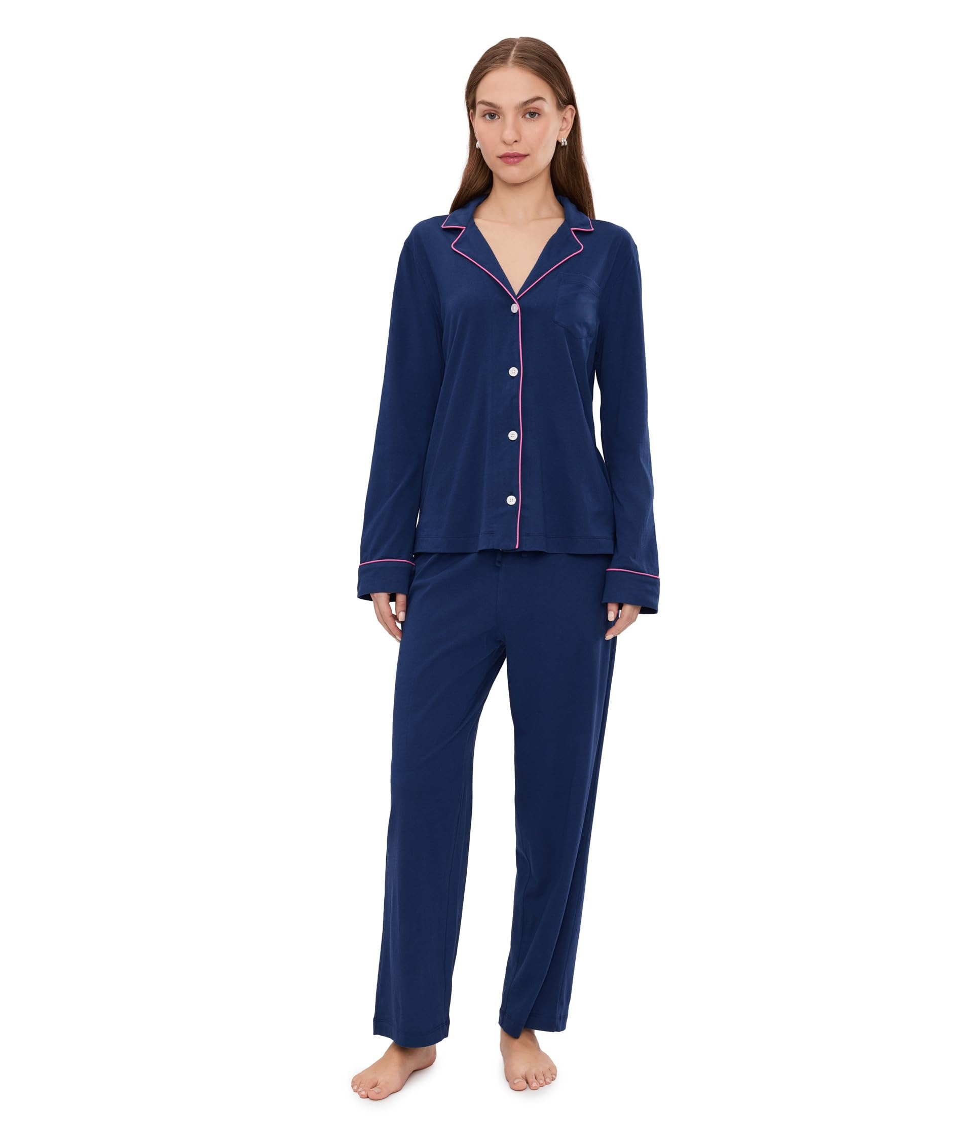Women's Navy Blue Long-Sleeved Button Pajama Set