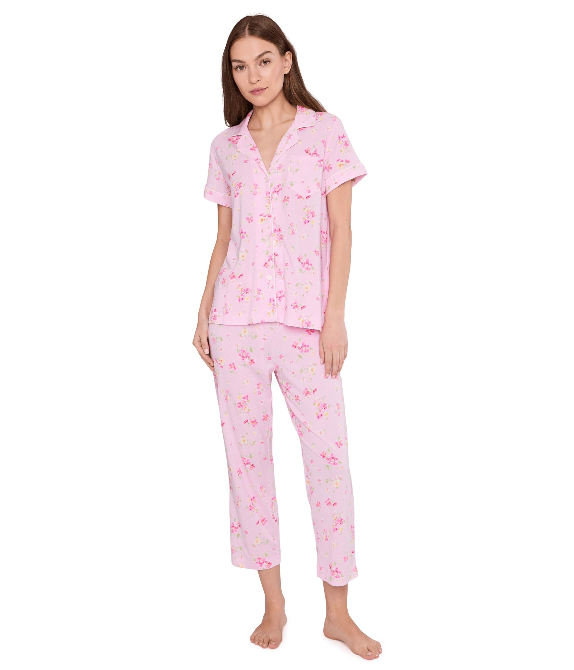 Pink floral short-sleeved button-down pajama set