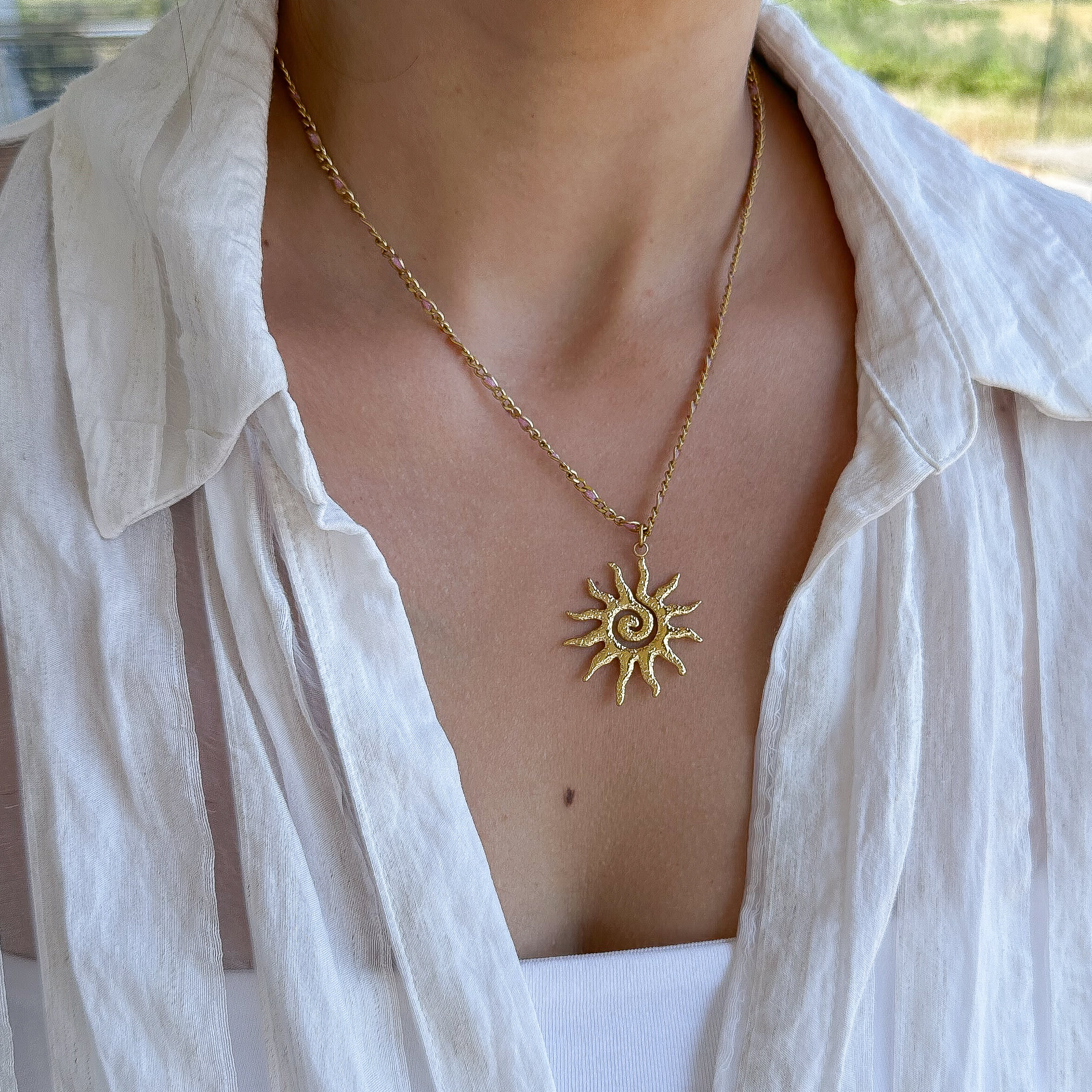 Gold Plated Sun Pendant Light Pink Enamel Chain Necklace