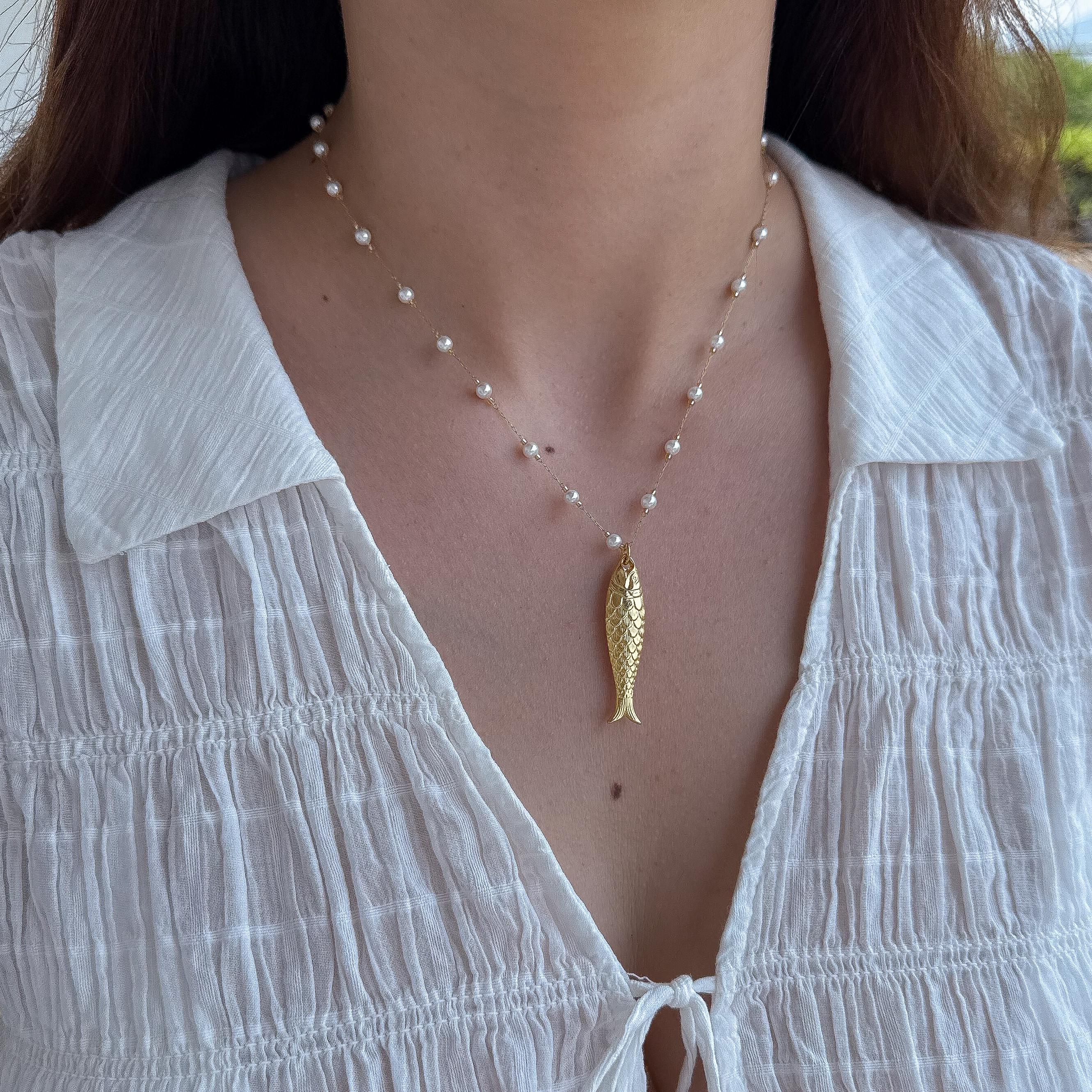 Gold Plated Fish Pendant Shell Pearl Beaded Necklace