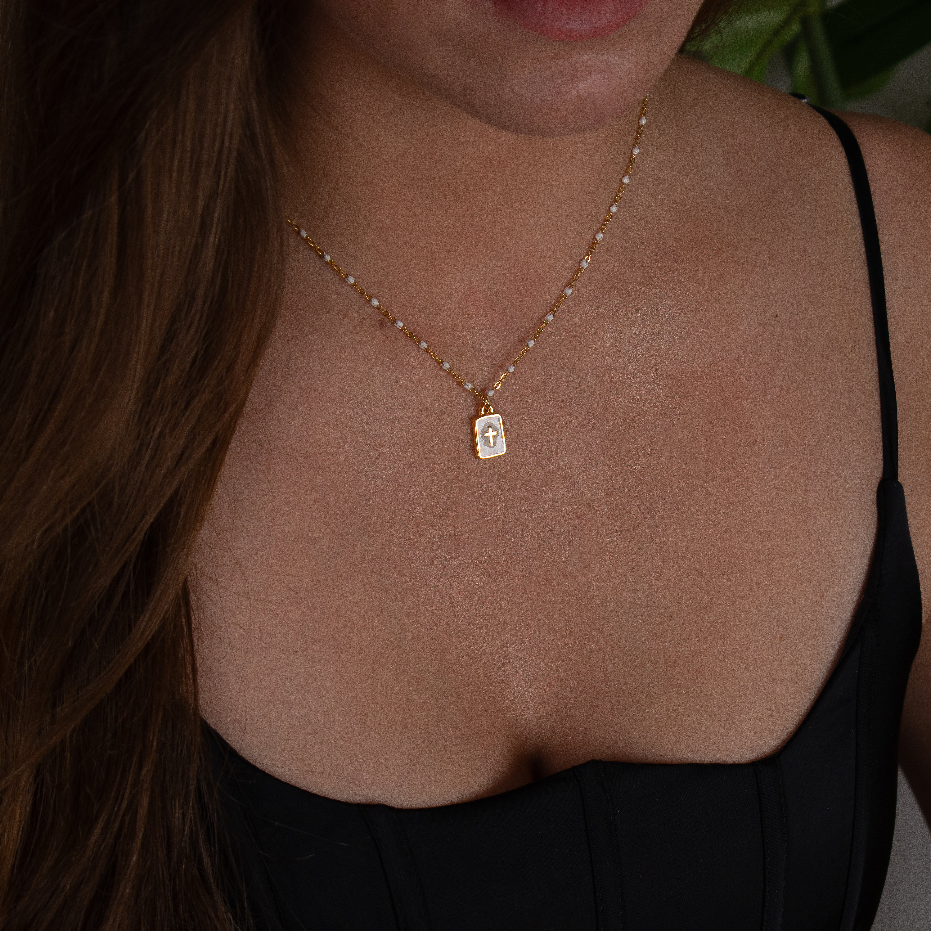 Gold Cross Charm Beaded Chain Necklace