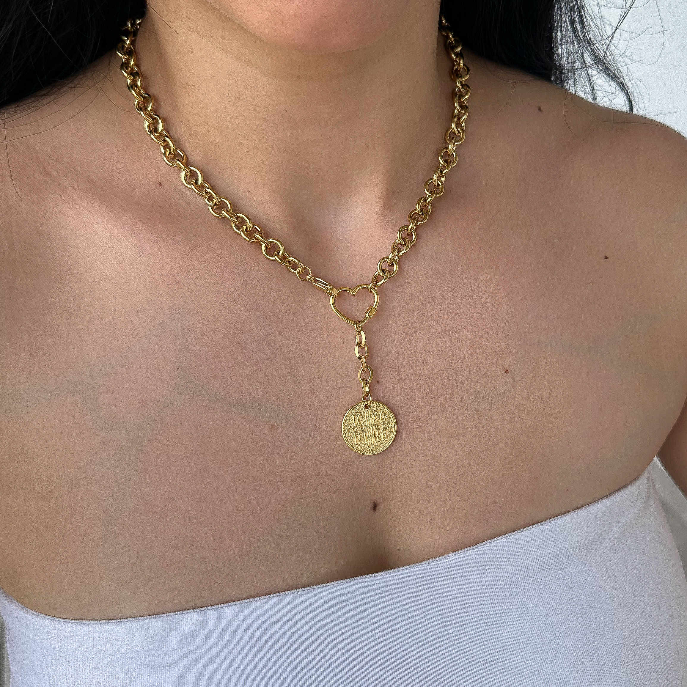 Gold Plated Heart Link Konstantinato Coin Charm Necklace